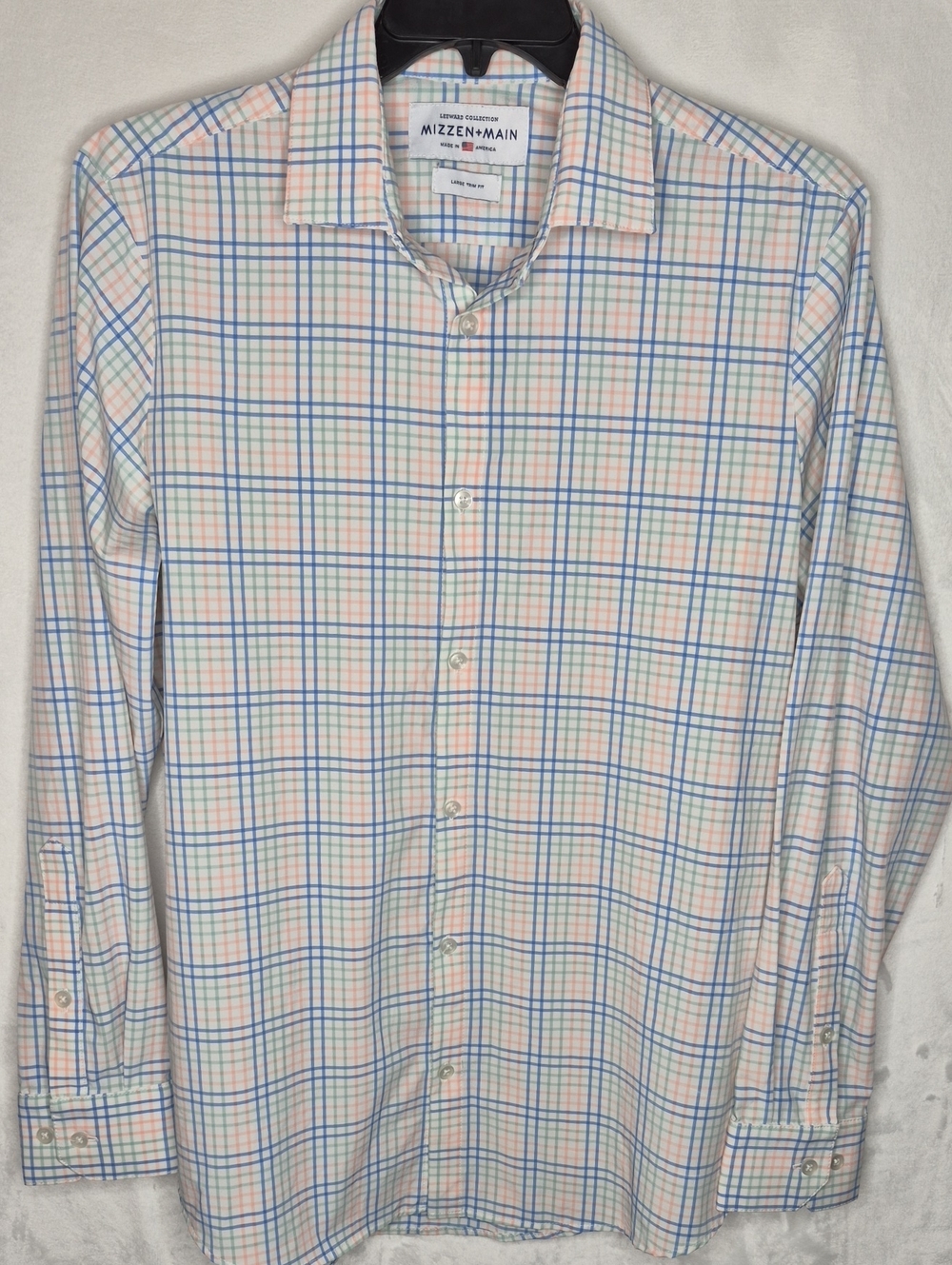 Mizzen+Main Men's Long‎ Sleeve Plaid Dress Shirt Blue & Peach Large Trim Fit